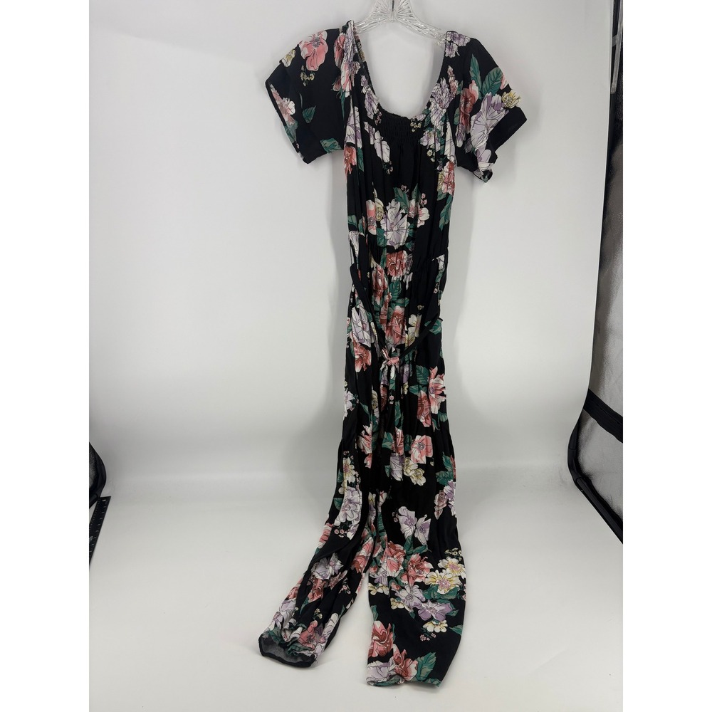 Eye†Shadow Black Floral Smocked Bodice Jumpsuit Wide Leg Belted - Picture 2 of 5
